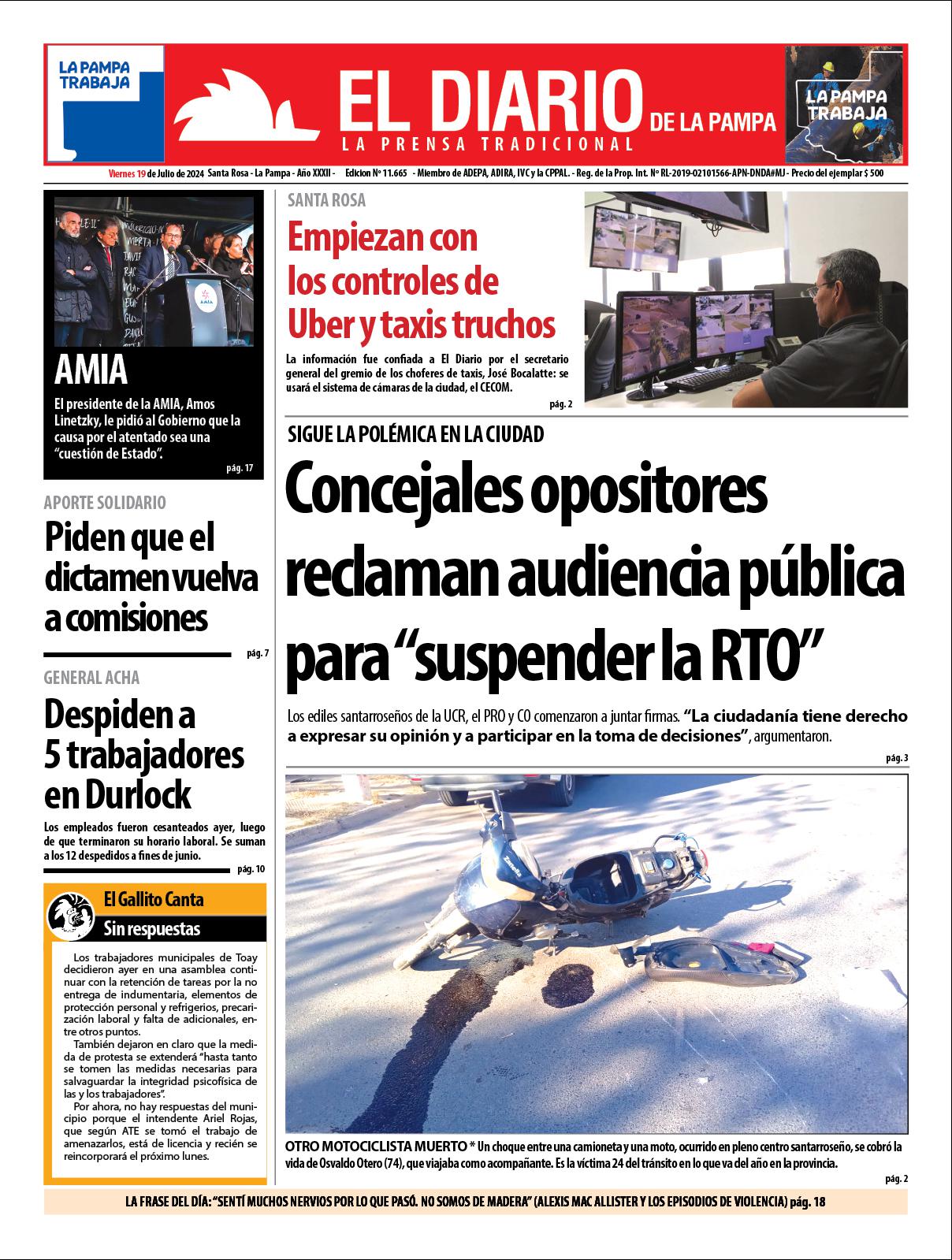 Tapa de El Diario en papel  viernes 19 de julio de 2024